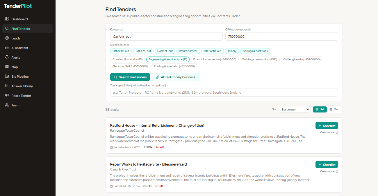 TenderPilot Find Tenders — live UK construction tenders inside EstiMate